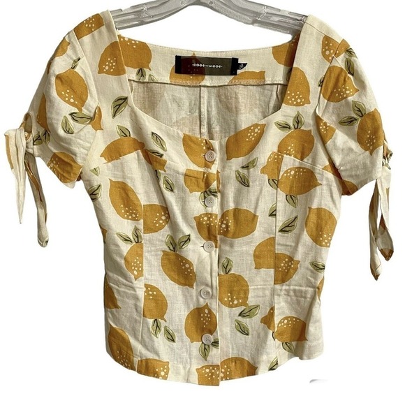 Code x Mode Nordstrom Blouse Top Size Small Linen Blend Lemon Print Shor… - Picture 1 of 7